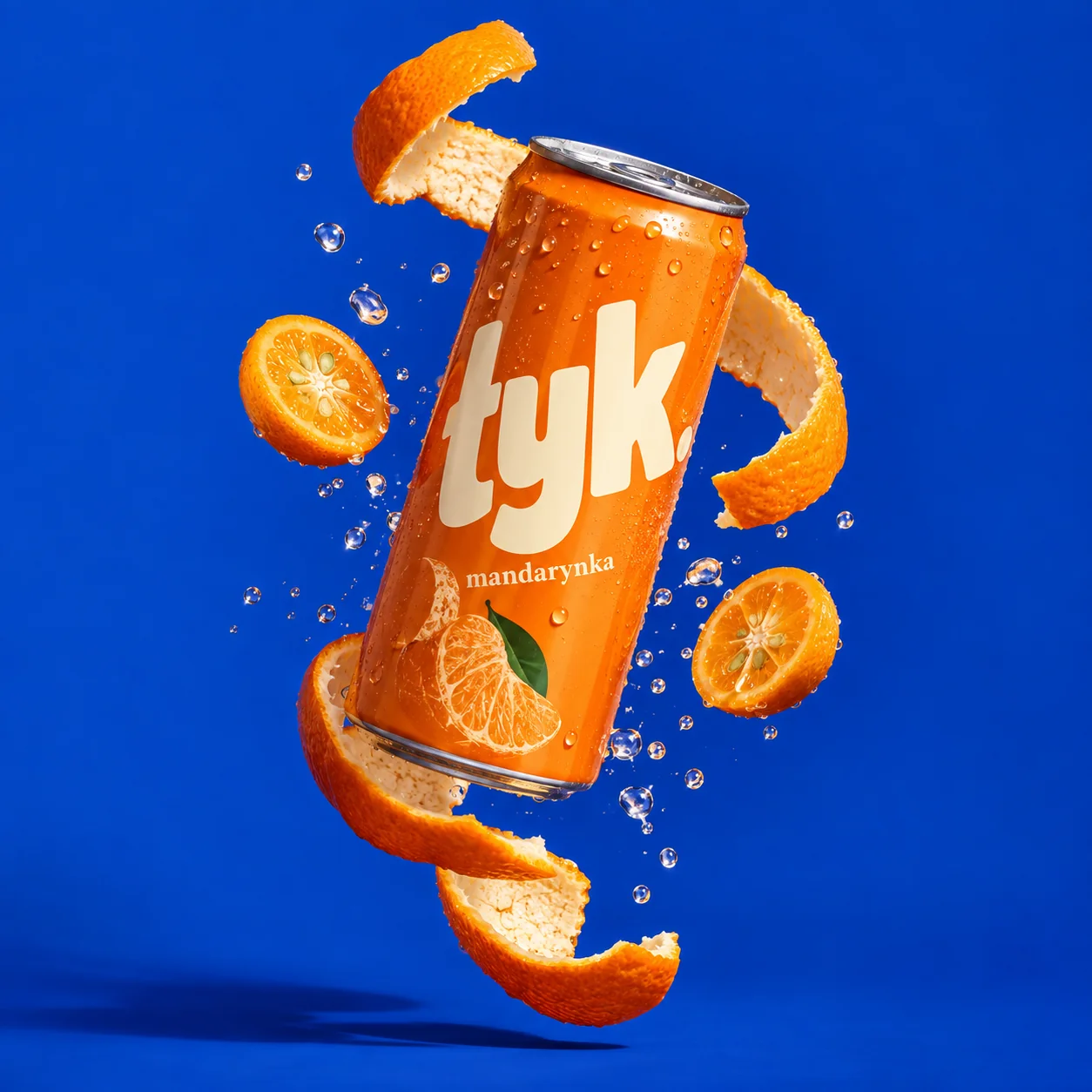 Koncepcja reklamy fikcyjnego napoju łyk: puszka mandarynkowa na niebieskim tle